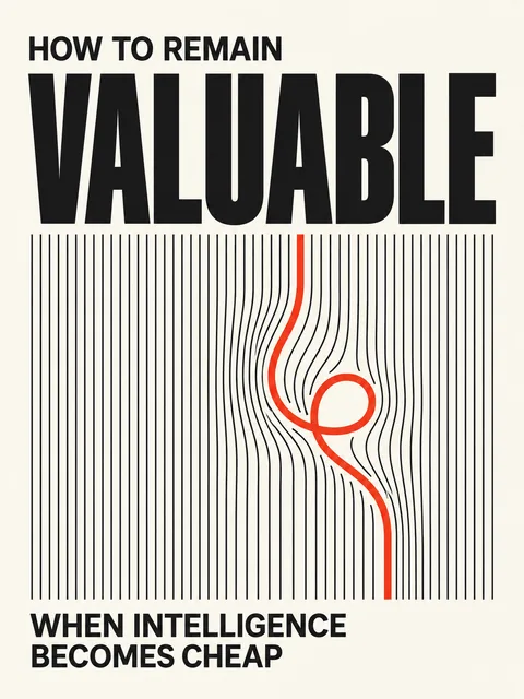 Cover of How to Remain Valuable When Intelligence Becomes Cheap: bold black type, a field of vertical lines, and one red thread bending through them.